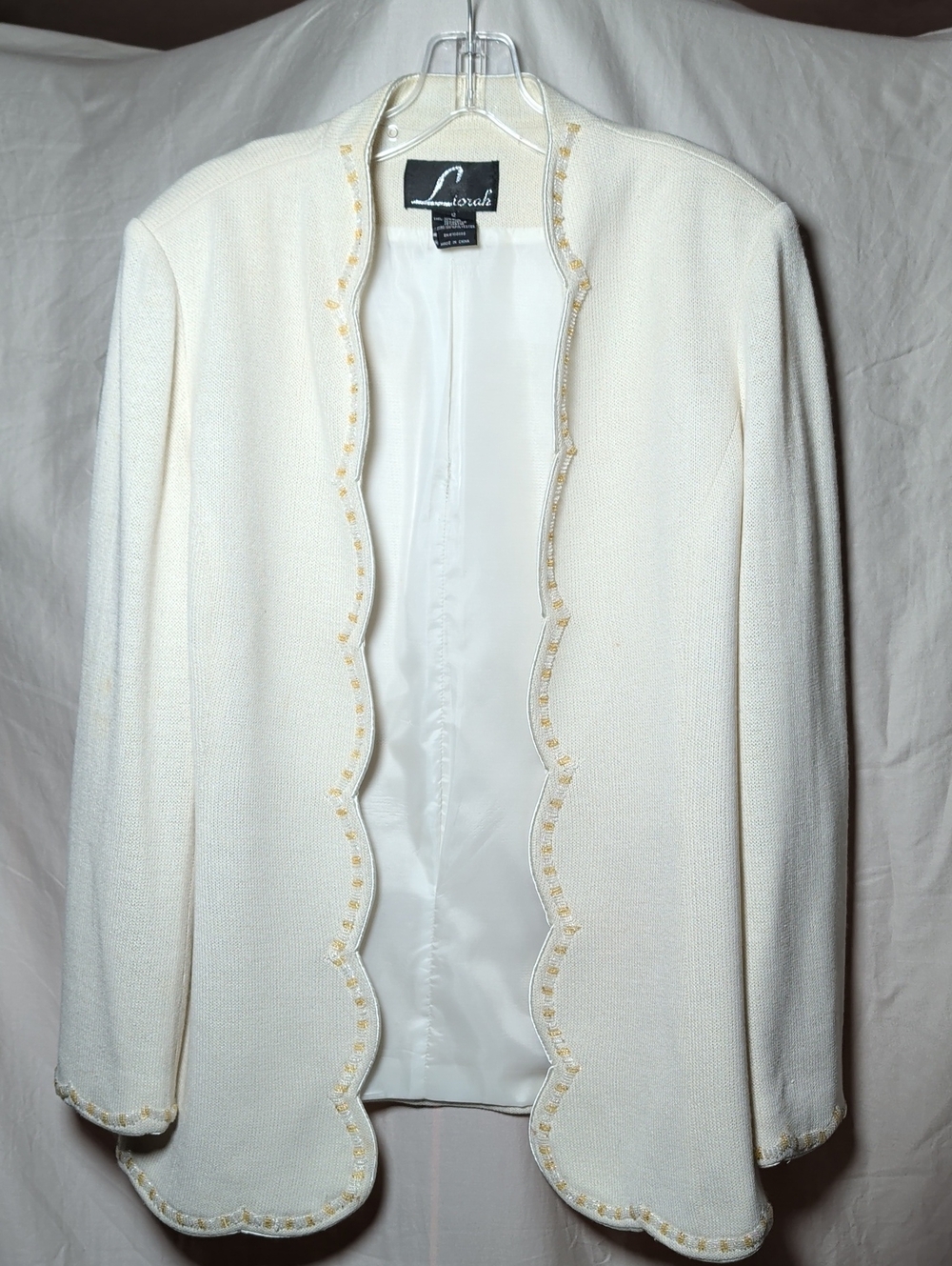 Cream Scalloped Wool Blend Open-Front Blazer Classic Luxurious Special Event